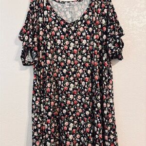 LuLaRoe-style Floral Swing Dress in Black with Pink & White Roses